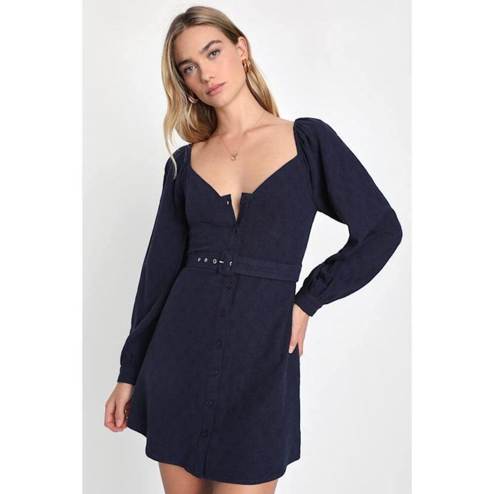 Lulus Ideal Impression Navy Blue Balloon Sleeve Belted Mini Dress - Size S